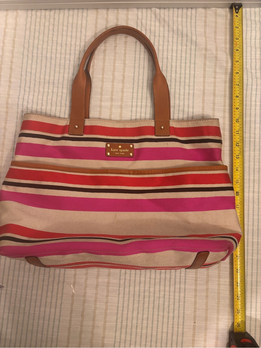 kate spade Pink, Red & Tan Striped Canvas Tote with Brown Leather Handles